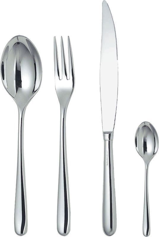 Alessi Caccia Besteck: Messer, Gabel, großer und kleiner Löffel aus glänzendem Edelstahl.